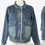 FMX Distressed Denim Jacket Frayed Collar Cuffs Hem Button Front Pockets Blue Size 2 Photo 0