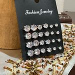Set of 12 pairs clear crystal ear stud earrings shiny Silver Photo 6