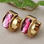 Gold with Pink Crystal Huggie Cuff Hoop Earrings Photo 0
