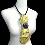 “Dainty Dapper” Yellow Plaid Necktie necklace with Black Beaded Brooch Photo 2