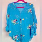 Fig & Flower Teal Blue Chiffon Floral Embroidered Roll Tab Sleeve Blouse LP Size undefined Photo 0