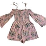 AQUA pink floral long bell sleeve cold shoulder shorts romper woman’s size xs Photo 0