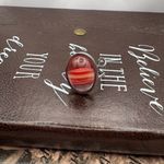 Handmade Vintage West German Glass Ring – Coral Red Stripe Cabochon, Adjustable Photo 5