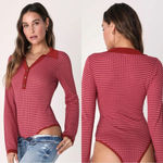 NWOT Lulu’s Retro Cutie Burgundy and Pink Textured Knit Long Sleeve Bodysuit M Red Size M Photo 1