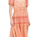 Lucky Brand orange and pink floral Aztec printed midi puff sleeve dress Photo 3