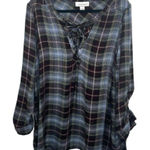 Motherhood  Maternity Plaid Tunic Roll Tap Sleeves V cross string tie  Size Large Photo 0