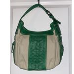 Cole Haan Green Leather & Canvas Shoulder Bag Purse Woven Photo 0