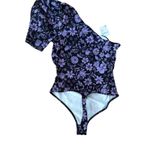 Free People  Purple Floral One Shoulder Puff Sleeve Thong Bodysuit Women's Size M Photo 5