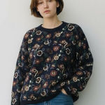 Vintage Paris Sports Club Allover Embroidered Floral Pattern Sweater Blue Photo 0