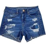 American Eagle Jean Shorts Womens 2 Super Stretch Distressed Blue Cutoff Patches Photo 0