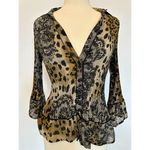 Vintage Cheetah Sheer Long Sleeve Frilly Blouse Size Small Brown Photo 0