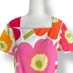 Handmade Mod Floral Square Neck Cotton Top OOAK Pink Orange Yellow Short Sleeve Photo 2
