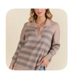 Pink Lily Pulling Heartstrings Taupe Striped Quarter Zip Pullover Photo 1