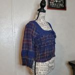 American Eagle  Outfitters Blue Plaid Crochet Peasant Boho Top Women’s M Long Sle Photo 6