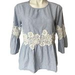Hannah Blue Stripe Lace Detail Bell Sleeve Peplum Top, Sz M Size M Photo 0
