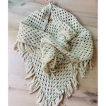Vintage Hand Made Crocheted Knit Shawl Wrap Cream Fringe Bohemian Cottage OSFM Photo 1