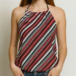 No Boundaries  Y2K Red and Black Striped Halter Top – Retro Bubble Hem Clubwear Photo 0
