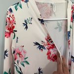 Tickled Teal  Long Length Open Front Top w/ Pockets Women's Size XL White Flora Photo 3