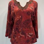 Coldwater Creek 100% Cotton Rust Red Paisley & Floral Beaded 3/4 Sleeve Top M Photo 2