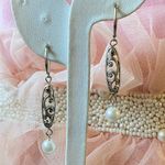 Dangle Earrings Silver Tone Filigree Faux Pearl Drop Leverback Jewelry Photo 3