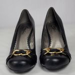 Candie's  Black Faux Leather Chunky Kitten Heels Pump With Gold Chain Bow Sz 8 M Photo 8