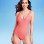 Kona Sol Pink Orange Sherbet Color One-Piece Swimsuit V-Neck High-Cut Leg Large Photo 1