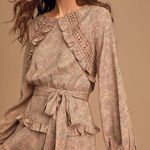 Lulus Lulu’s Kiss Me Goodnight Tan Polka Dot Ruffled Long Sleeve Mini Dress Photo 1