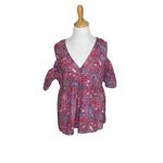 Lucky Brand  Womens Pink Red Blue Floral Print Cold Shoulder Blouse Top Sz L Photo 6