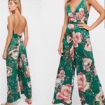 Free People  Jumpsuit Satin Romper Floral Green Playsuit Plunge Belted Size 0 Photo 1