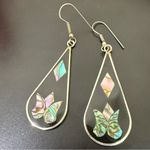 Vintage Alpaca Mexico Mexican Silver Black Enamel Abalone Inlay Teardrop Earring Photo 2