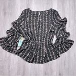 CeCe  Women's NWT Trendy Black Floral Print Ruffle Sleeve Blouse Large Photo 1