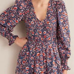 Boden Smocked Bodice Mini Dress Size 12L Blue Floral Long Sleeve Boho Preppy Photo 0
