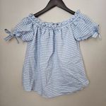 H&M L.O.G.G. Blouse Blue White Plaid Off Shoulder Short Sleeve Ties Casual Spring Photo 9