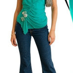 Lulumari y2k Teal Aqua Blouse Top Ruffle Detail Floral Applique Party top Small EUC Photo 0