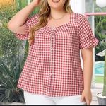 Agnes Orinda Women's 3X Gingham Tops Sweetheart Neck Blouse Red Photo 0