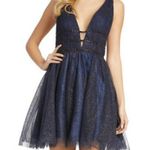 Mac Duggal  Glitter Rhinestone Tulle Mini Dress in Midnight Blue Photo 11