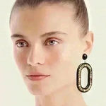 J.Crew  Italian Crystal Oval Statement Earrings | Black & Gold | NWOT Photo 0