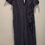 J.O.A. 🍂 Blue V-Neck Wrap Jumpsuit with Short Sleeves Tie Faux Wrap Front | S Photo 0