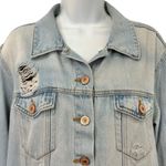 Forever 21 Blue Denim Pink Orange Floral Embroidered Distressed Jean Jacket sz M Photo 7