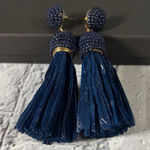 Beaded Straw Blue Gold Tone Dangle Earrings Photo 0