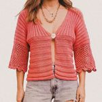 None Vintage hot pink cable knit single button sweater electric preppy style S Photo 0