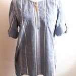 Ellen Tracy Blue White Striped Linen Popover Top Roll Tab Sleeves Gold Zipper M Photo 0