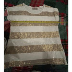 Chico's  White & Gold Sequin Striped Short Sleeve Tee Size S holiday top Photo 5