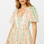 VICI  Floral Print Ruffle Mini Dress Womens Medium White Pink Green Short Sleeve Photo 0