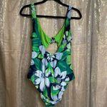 Aerie  Green Blue Tropical Floral Knot Front Cutout One Piece Swimsuit Medium Photo 1