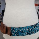 Vintage Womens Beaded Fashion Belt Turquoise Black Wood Buckle Elastic‎ Boho Blue Photo 0