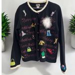 Berek Born To Shop Sweater Applique Embroidered Black Button Front Women’s L Size L Photo 0