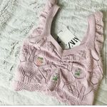 ZARA NWT KNIT CROP TOP PURPLE EMBROIDERED FLOWERS RUFFLE Photo 3