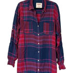 Mossimo Tunic Length Plaid Button Down Shirt Womens Medum Navy Red Blue Size M Photo 0