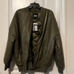 DKNY Oversized Leather Bomber Jacket Women’s Olive Green Photo 7